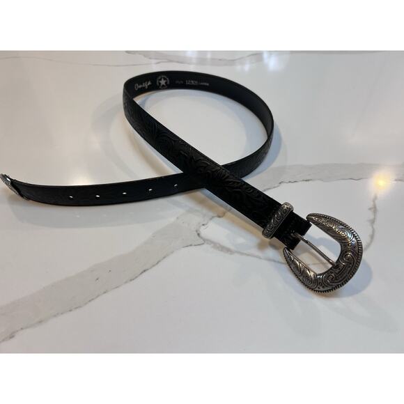 Vintage Omega Western Leather Belt Black Embossed Silver Buckle USA Large main image 10